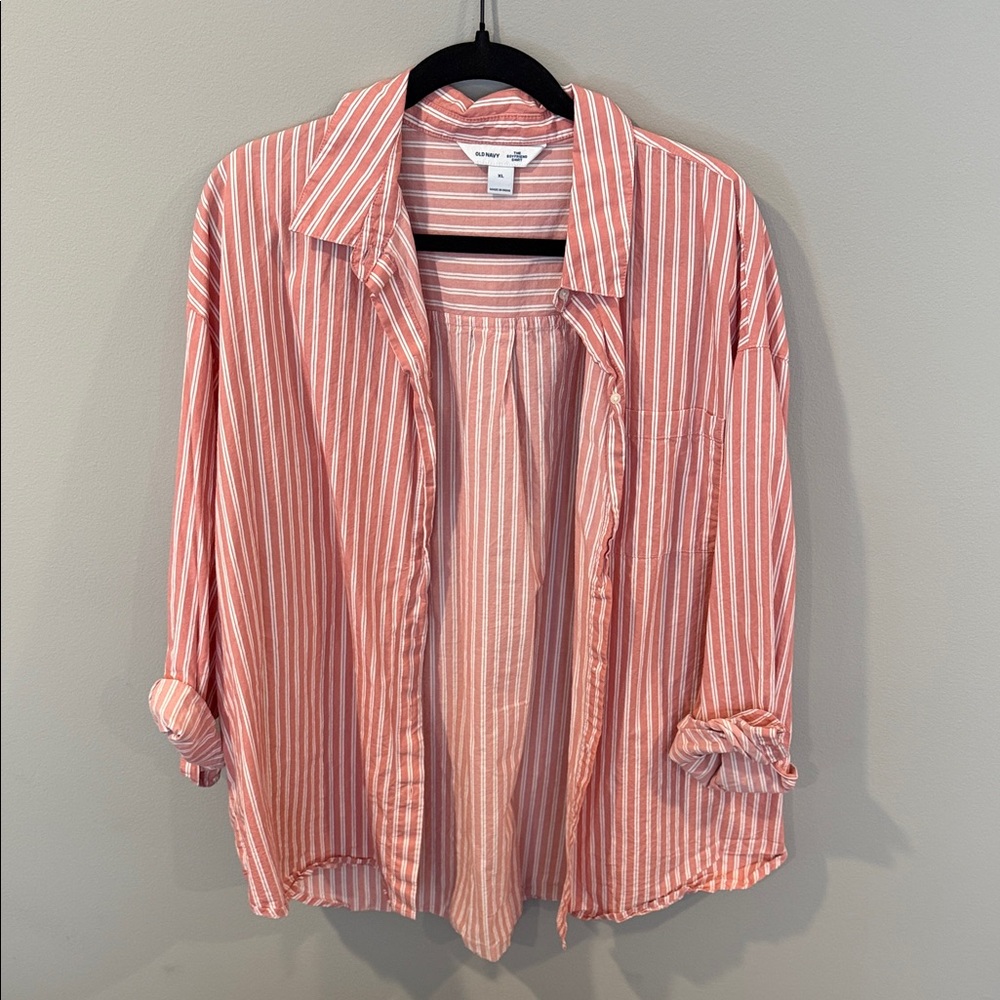 Salmon & White Striped Button-Up Boyfriend Shirt